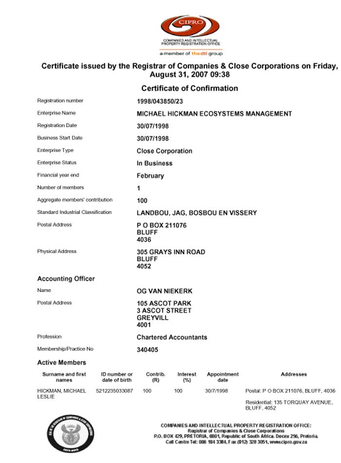 michael hickman ecosysems management close corporation