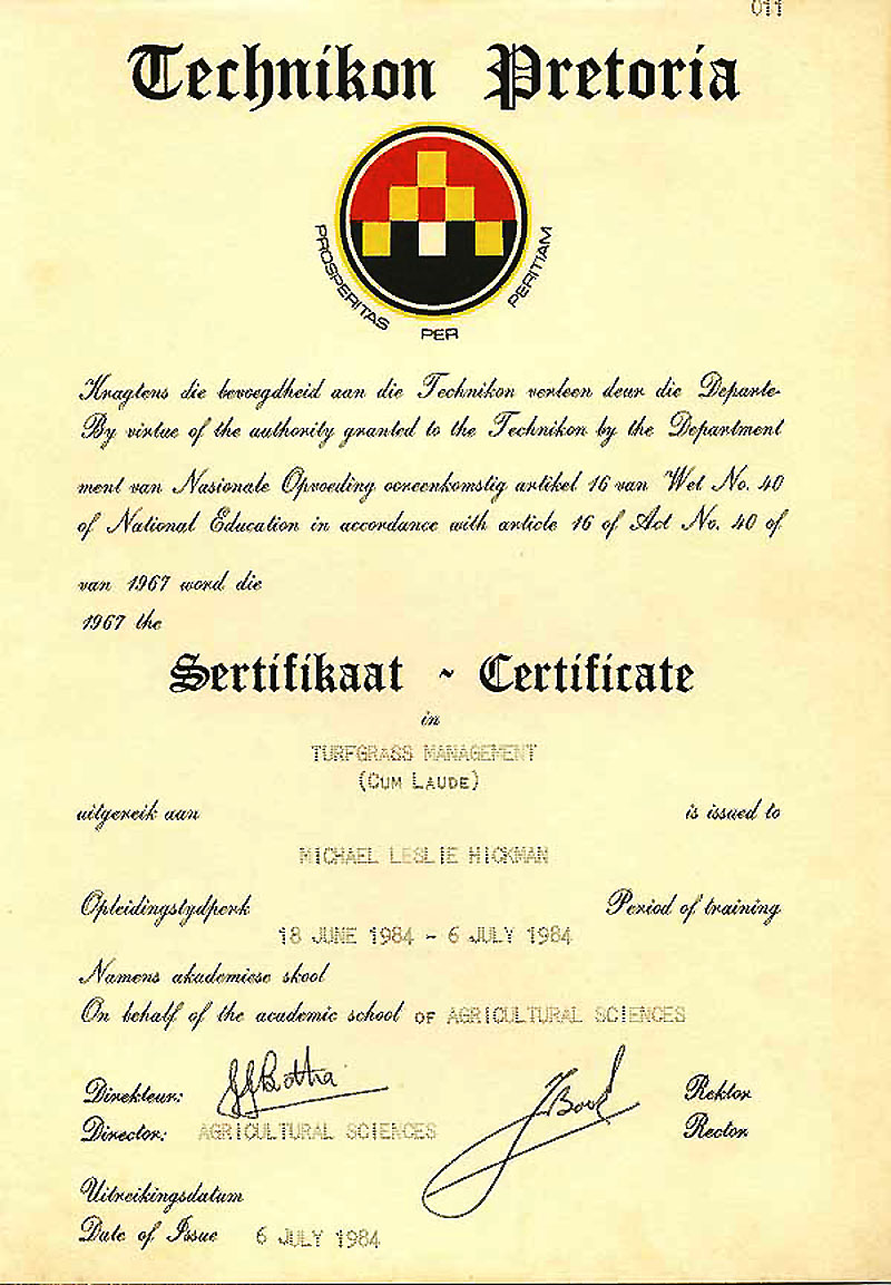 Michael Hickman Turf Management Certificate (Cum Laude)